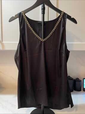 Boston Proper Black Satin Tank with Gold Chain Detail (0046)